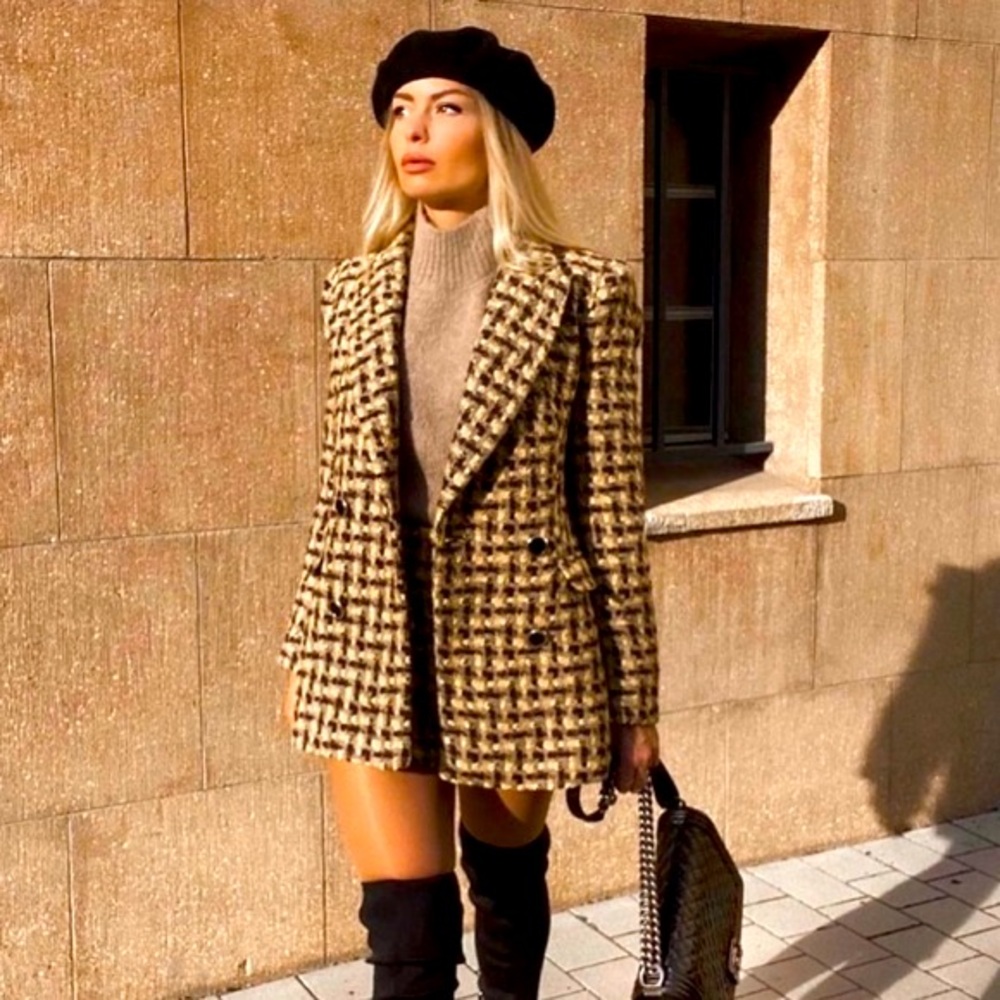 Tweed 2-Piece Set Plaid Double Breasted Blazer Female Slim High Waist Skort Suit - Picture 6 of 10